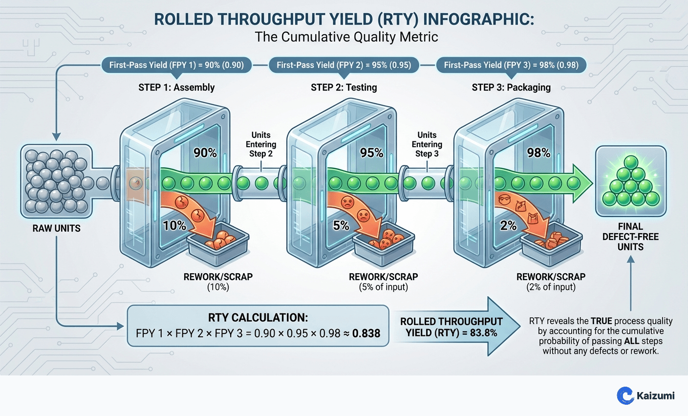 Illustration explaining Rolled Throughput Yield