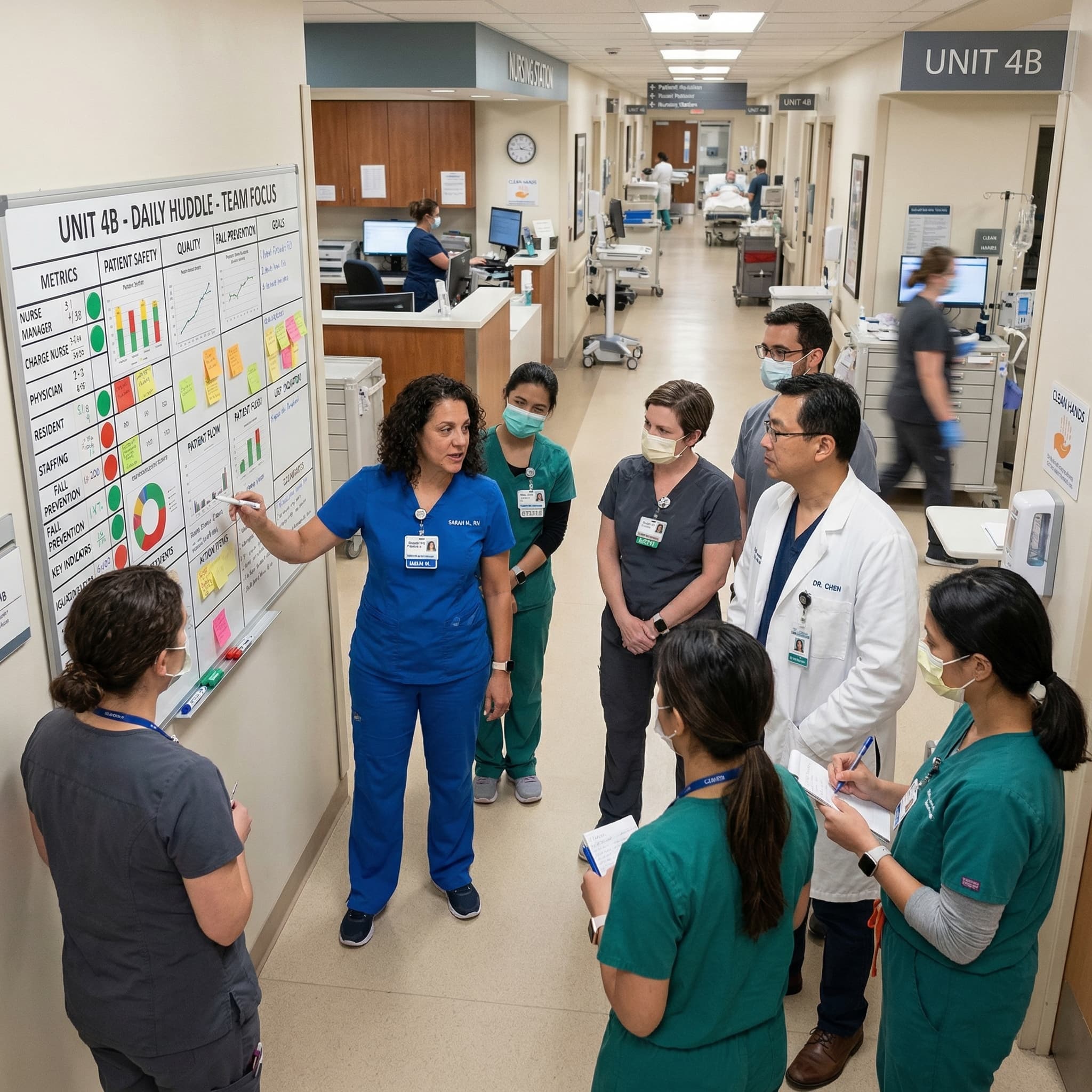 Healthcare team conducting a daily huddle at a visual management board on a hospital unit