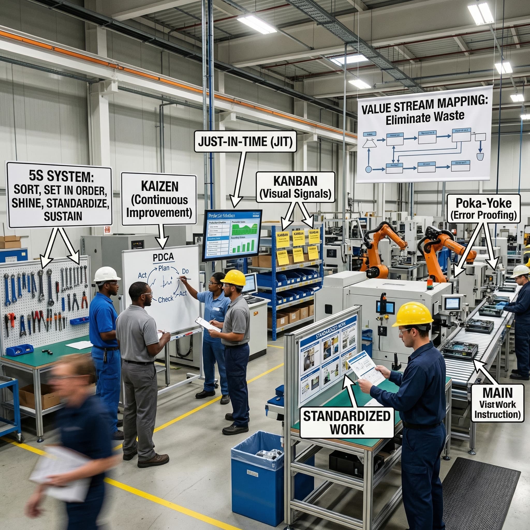 Lean manufacturing floor showing 5S, Kaizen, Kanban, Value Stream Mapping, PDCA, Poka-Yoke, and Standardized Work in action