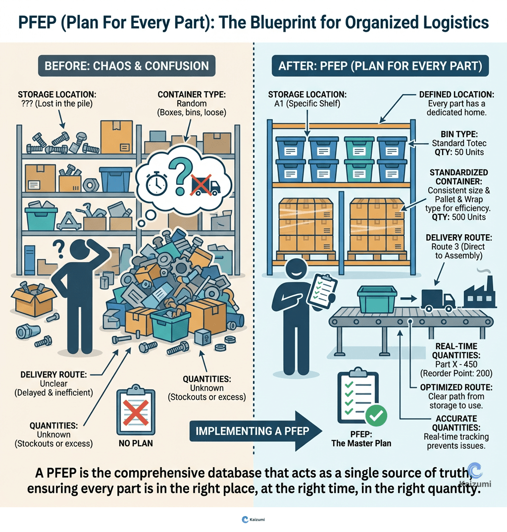 Illustration explaining PFEP (Plan For Every Part)