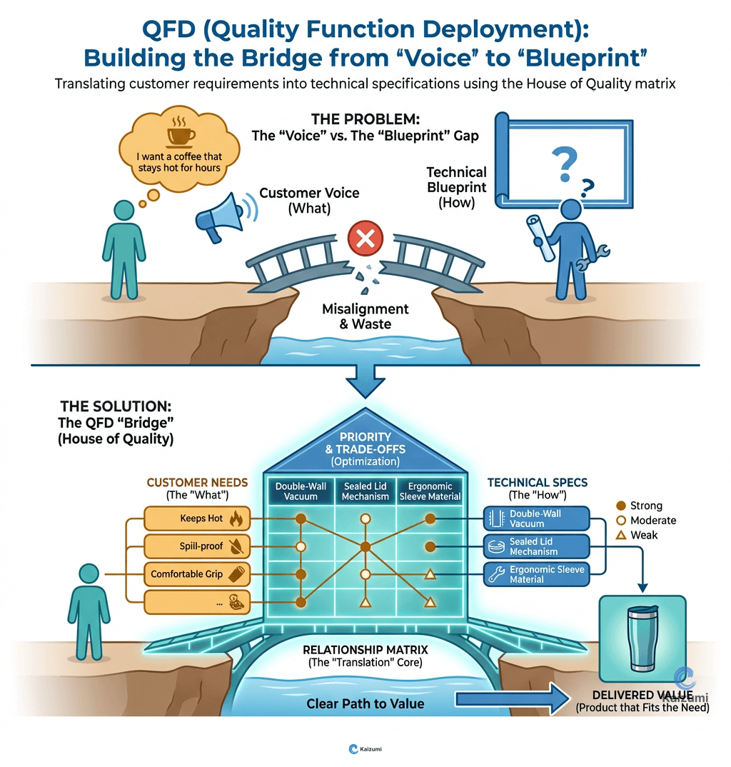 Illustration explaining QFD (Quality Function Deployment)